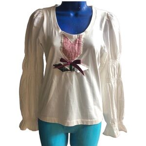 Upcycled White and pink long sleeve blouse with ruffle sleeves